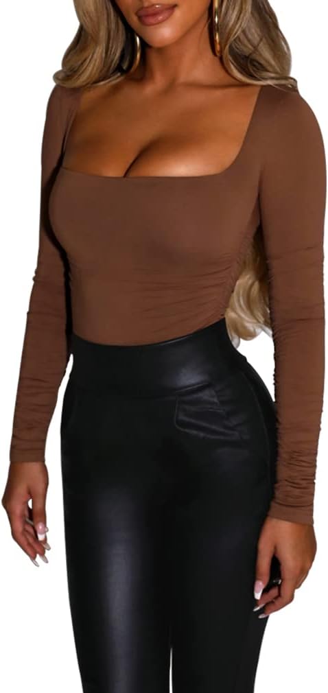 LuFeng Women's Sexy Square Neck Ruched Long Sleeve Bodycon Tops Fitted Casual Evening Party T Shirts - Image 5