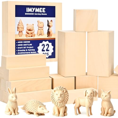 IMYMEE Basswood Carving Blocks-22PCS Whittling Wood Blocks Wood Carving Kit with 3 Different...