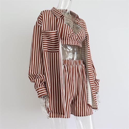 XYGJZ Women's Casual 3 Piece Outfit Set Stripe Long Sleeve Shirt Bra Top Shorts Tracksuit Set4