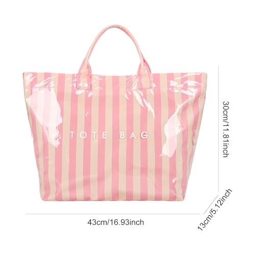Image of Striped PVC Tote Bag for Women, Waterproof Plastic Hobo Handbag Summer Tote for Beach, Pool & Ideal Gift