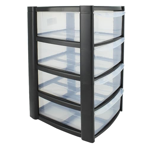 Mini 4 Drawer Plastic Storage Tower - Compact Desktop Organiser with Clear Drawers for Makeup, Toiletries, Stationery - Lightweight & Durable Storage Tower - Pink, Blue or Black, 40x26x19cm (Black) - Image 4