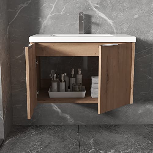 Voohek Bathroom Vanity With Basin Sink And Storage, Wall Mounted Floating Cabinet, For Small, Space Saving, 30 Inch, Imitative Oak #TOP2