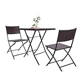 DECMICO 3-Piece Rattan Folding Bistro Chair Set Handwoven Small Balcony Patio Furniture with Square Table Lightweight and No Assembly Required for Garden Porch, Dark Brown