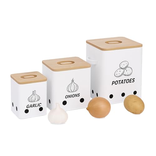 Relaxdays Caja para Patatas, cebollas y ajos, Set de 3, con Agujeros, Metal, Tapa de bambú, Cuadrada, Blanca/Natural, Silicona, Hierro, 24 x 23 x 15.5 cm