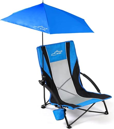 FAIR WIND 1 Pack Beach Chair with Umbrella for Adults Shade Chair Folding Backpack Portable Concert Bag Sand Chair with Cup Holder - Navy Blue with Black