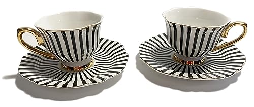 Mazeology Espresso Cups Movie Star Bone China Fluted Black & White Stripe 2 Sets Cups and Saucers with Gold Accents
