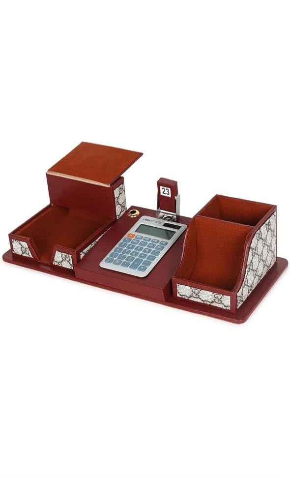 Image of LUVYANSH Leather Multipurpose Desk Organizer Pen Stand and Mobile Holder With Calculator,Watch and date For Office Table Top Desktop (15x6 Inches) (Brown) colour