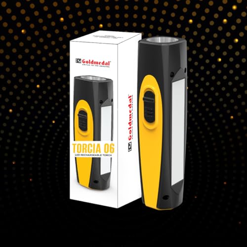 Goldmedal Torcia 06 1+3W LED Rechargeable Torch –Cool Daylight(6500K)|1200 mAh Li-ion Battery |Battery Back-up Upto 4 Hrs |Type-C Charging| Deep Discharge Protection |Powerful 1W Front & 3W Side Light