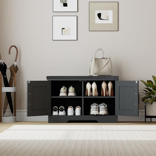 Image of HOMSHO Farmhouse Shoe Storage Bench with 2 Barn Doors & Padded Seat Cushion | 27.6 inch Wide Entryway Bench with Adjustable Shelves & Hidden Storage, Black