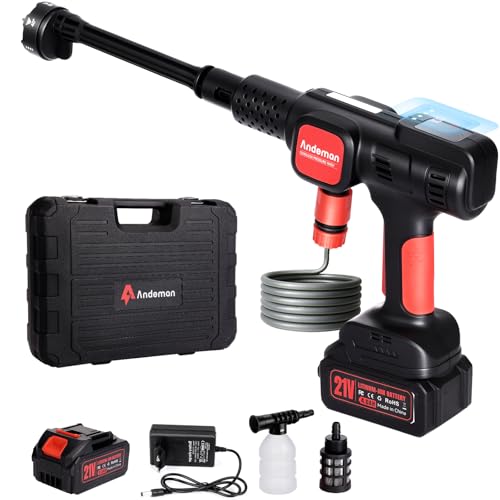 Andeman Pulitore ad alta pressione, 75 bar, idropulitrice portatile con batteria da 4000 mAh, modalità a 4 velocità e motore senza spazzole – display LCD, ugello 6 in 1, idropulitrice senza fili per