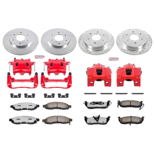 Image of PowerStop Front and Rear Brake & Caliper Kit for Nissan Armada 2005 |Pathfinder Armada 2004 |TITAN 2004-05 - Drilled & Slotted Disc Rotors + Z36 Brake Pads + Red-Powder Coated Calipers, KC2443-36