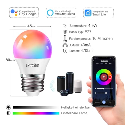 EXTRASTAR Smart Glühbirne E27 G45, Alexa LED WiFi Lampe 2700K-6500K, 4.9W 470LM 16 Millionen Farben WLAN Dimmbar Glühbirne, RGB Birne Kompatibel mit Alexa,Google Home, 2 Stück – Bild 3