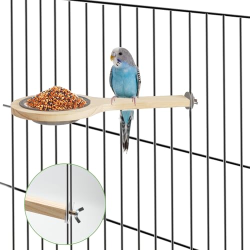Image of Bird Perch with Feeding Cup, Parrot Wood Stand with Chewing Toy, Bird Cage Accessory for Parakeet Lovebird Cockatiel Conure Budgie