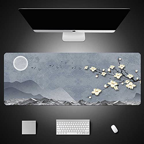 Tapis de souris XXL design oiseau fleurs blanches grand sous-main de bureau haute densité