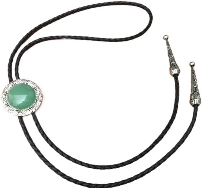 Western Bolo Tie for Men Women, Round Gemstone Inlay (Blue/Gray, Green, Tiger's Eye, Gray), Leaf Vine Bezel Faux Leather Cord Necktie