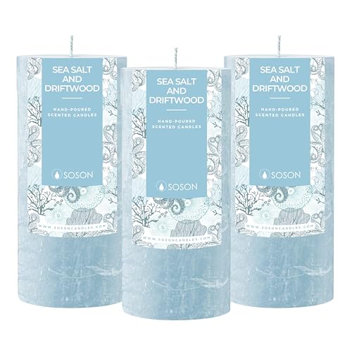 Simply Soson 3x6 inch Light Blue Rustic Sea Salt and Driftwood Pillar Scented Candle - 3 Pack - for Home Decor, Aromatherapy, Weddings, Restaurants, Spa,
