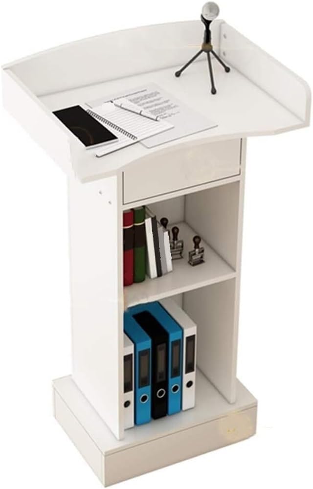 Classic Podium Stand with Drawer and Open Storage Floor Standing Lectern Wide Countertop Presentation Speaking Lectern for Church School and Business Conferences(White)