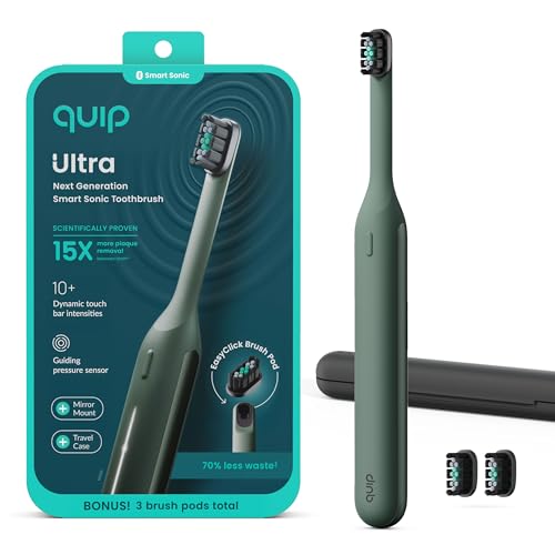 Image of Quip Ultra Next Generation Smart Sonic Toothbrush - Timed Electric Toothbrush for Adults - Replaceable Brush Head, Soft Bristles, Silicone Handle, 30-Day Battery Life, Travel Case - Moss Green