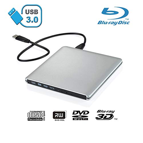 Xglysmyc USB 3.0 External Blu-ray CD DVD Drive,Portable Ultra-Thin 3D Blu-ray Player DVD+/-RW Burner Writer Reader for Laptop Notebook PC Desktops Support Windows XP/Vista/7/8/10, Mac OSX -Silver