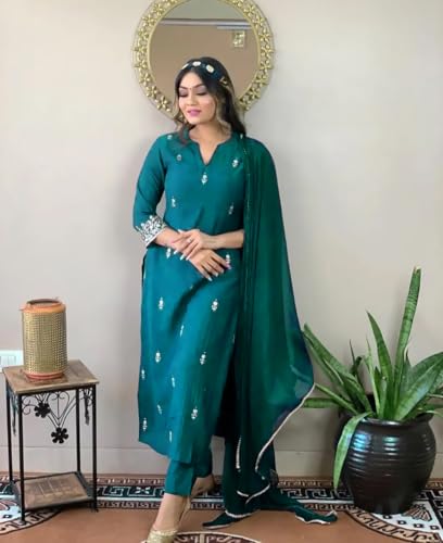 Image of Women Premium Collection Rayon Embroidered Straight Kurta Pant Dupatta Festive Ethnic Apparel Set