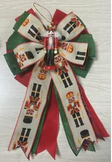 WhalineChristmas Wreath Bow Red Green Nutcracker Burlap Bow with Pendant Xmas Tree Topper Ornaments Gift Bow for Christmas Party Supplies Home Wall Door Fence Decoration, 11 x 16.5inch