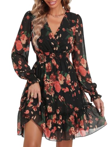 Image of Prettywear Women's Chiffon Long Sleeve Wrap Neck Wedding Guest Mini Dress | Wrap V Neck Smocked Waist Flowy Dress, Spring Fall Outfits for Cocktail, Vacation, Date Night Party