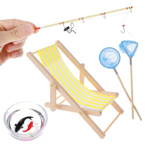 Cobee Miniatur Puppenhaus Strandstuhl,5 Stück 3 Stück 1:12 Holz Strandstuhl Puppenliegestuhl Angelrute Fischernetz Möbel Dekor Mini Garten Zubehör Party Favor für drinnen und draußen