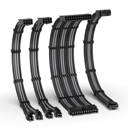 Image of EZDIY-FAB 12VHPWR PSU Cable Extension Kit for RTX 50 /40 Series,16AWG PCIE 5.0 Power Supply Cable Extension- 1x 24 Pin ATX /2X 8Pin (4+4) EPS / 1x12+4 Pin GPU,Sleeve Cable 300MM with Combs-Black Grey