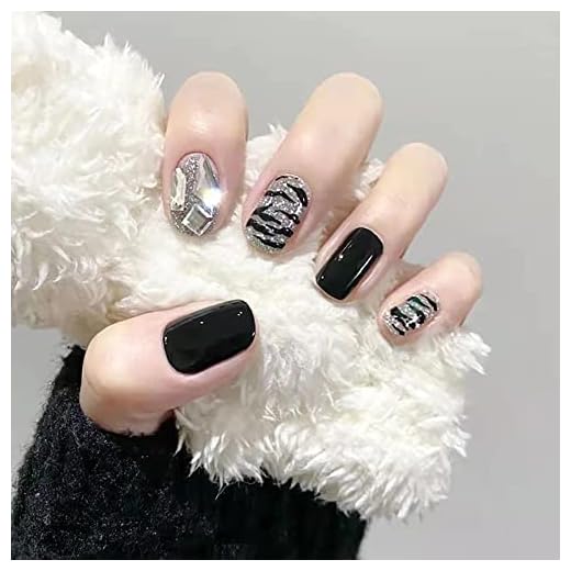 Black Press on Nails Short Square Rhinestone Design Fake Nails Glossy Silver Glitter Acrylic Full Cover False Nails French Artificial Stick on Nails for Women and Girls Nail Art Salon