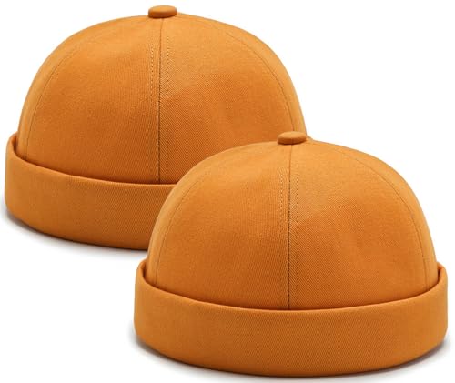 Image of 2 Pcs Mens Brimless Docker Cap Set - Retro Worker Sailor Skull Cap Beanie with Rolled Cuff