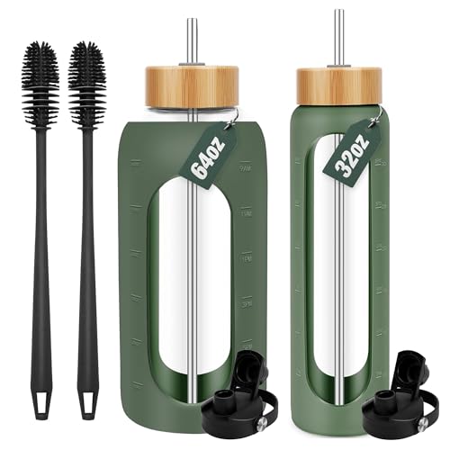 FULBEVY 32oz & 64oz Glass Water Bottles Set - Each Glass Water Bottle With Silicone Sleeve 2 Lids, Handle Spout & Bamboo Lid & Silicon Brush