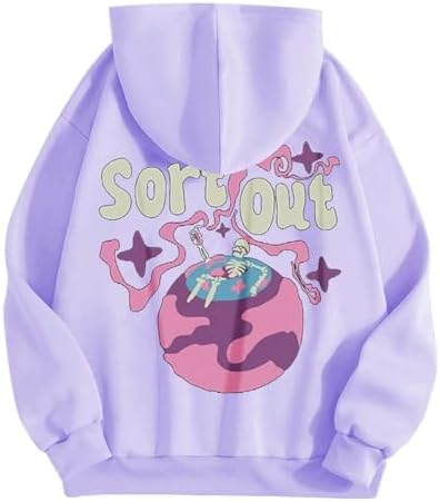 Halloween Hoodies for Womens 2024 Cartoon Letter Skeleton Graphic Sweatshirt Plus Size Trendy Long Sleeve Sweatshirts