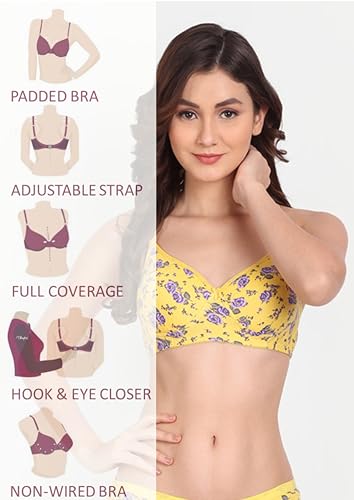 Image of Women Flower Printed Padded Bra - Made of Pure Cotton Full Coverage Non Wired Soft Cup for T-Shirt Saree Dress for Everyday