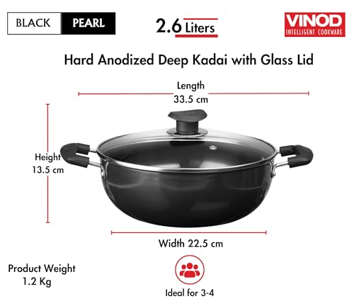 Vinod Black Pearl Plus Hard Anodised Deep Kadhai with Lid - 2.6 Litre, 22 cm | 3.25mm Thick | Natural Stick Free Kadai | Metal Spoon Friendly | 2... - Image 7