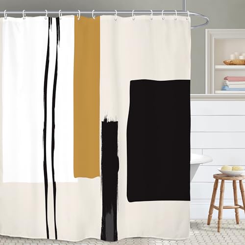 Yookeb Abstract Geometric Neutral Bathroom Shower Curtain Black Beige Painting