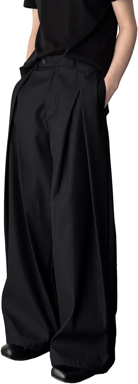 THWEI Men's Baggy Wide Leg Pants Zipper Fly Pleated Trousers Casual Dress Pants with Pocket Black M - Image 3