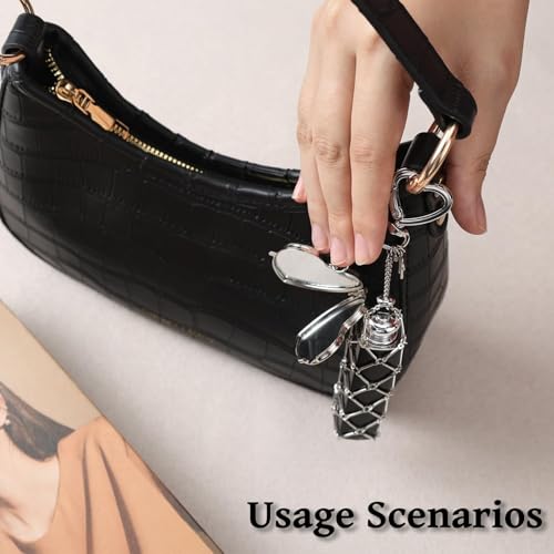 Image of Tarini Lipstick Holder Keychain with Mirror, Metal Mesh Bag Lip Balm Holder Keychain with Chain, Portable Lip Gloss Storage Organizer for Women Girls, Cute Makeup Pouch Bag Charm for Purse Backpack