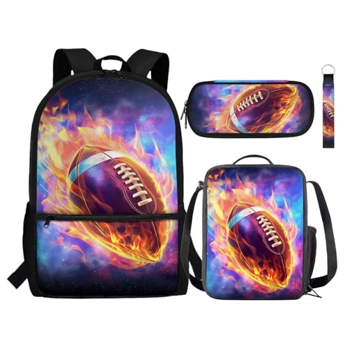 Zaino per bambini set da 4 pezzi include borsa per libri scolastici per il pranzo portapenne portachiavi per la scuola Rugby Fire Galaxy Taglia unica Zaini Daypack