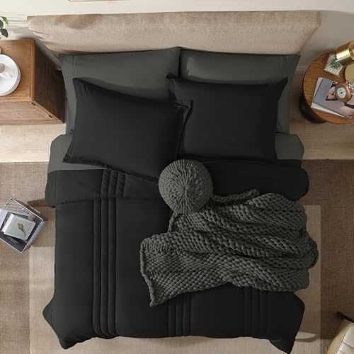Image of Oversized King Size Comforter Set-7 Pieces Bed in a Bag King Bedding Sets | Monbix All-Season Vertical Quilted Comforter with Sheets, Pillow Shams & Pillowcases, Black