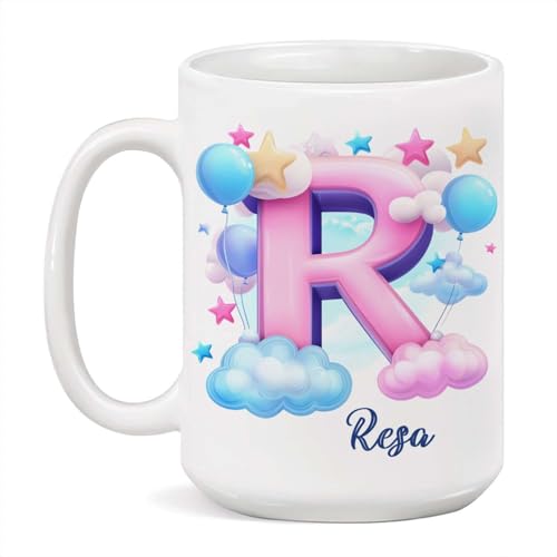 Personalized Kids Coffee Mug With Letter R, Customized Name Colorful Balloons And Stars Ceramic Cup, Monogram Initial Mug, Custom Alphabet Mug With Cloud, Balloon White Mug 11oz 15oz