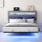 Bonnlo Lit 140 x 190 avec Sommier, Lit 2 Personnes Flottant avec Éclairage LED et Ports USB/Type C, Tête de Lit Tapissée avec Rangement, Structure Stable en Métal, Tissu en Lin Gris