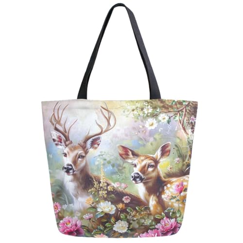 ZzWwR Fashion Extra Large Shoulder Grocery Tote Bag, Forest Beautiful Flowers Couple Deers Canvas Daily Handle Bag for Gym Yoga Weekender Beach Travel Picnic Kitchen Reusable Market Shopping