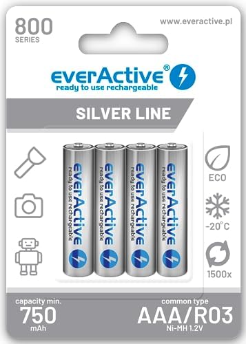 everActive Akumulator AAA 800 mAh 4 sztuki, NI-MH, Micro R03, do ponownego ładowania, wstępnie naładowany, Silver Line 1,2 V, 1 opakowanie blistrowe EVHRL03-800, srebrny
