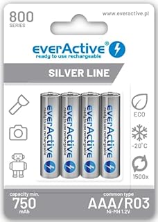 everActive Akumulator AAA 800 mAh 4 sztuki, NI-MH, Micro R03, do ponownego ładowania, wstępnie naładowany, Silver Line 1,2 V, 1 opakowanie blistrowe EVHRL03-800, srebrny