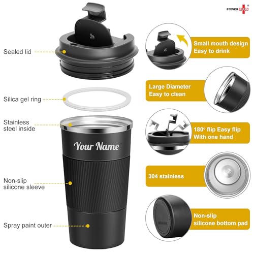 Image of Power Plus Cafe Buddy Stainless Steel Vacuum Coffee Mug with Silicon Grip | Premium Flip Top Locking Cap | Capacity 510ml | 304 Grade Steel | Coffee Mug with Lid for Home & Office (Black)