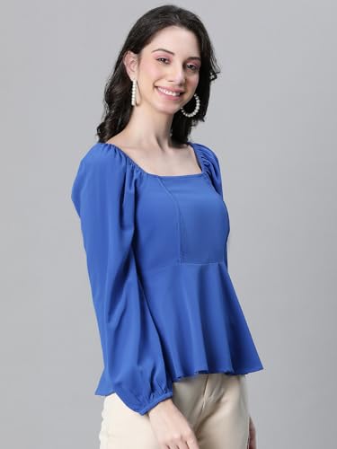 Image of Women Solid Round Neck Elasticated Polka Print Long Sleeve Top