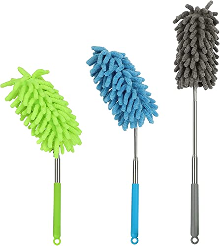 KissDate Microfiber Extendable Hand Dusters Washable Dusting Brush with Telescoping Pole for Cleaning Car, Computer, Air Conditioning, TV and Else Pack of 3 (Blue Green Grey)