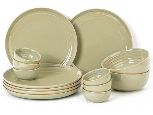 Image of Bodhi House Handcrafted Chip Resistance Porcelain Dinner Set, 14 Pieces Dish Set Serving for 6, Microwave and Dishwasher Safe, Bone-ash Free, Crockery Set for Dining and Gifting, Olive Green