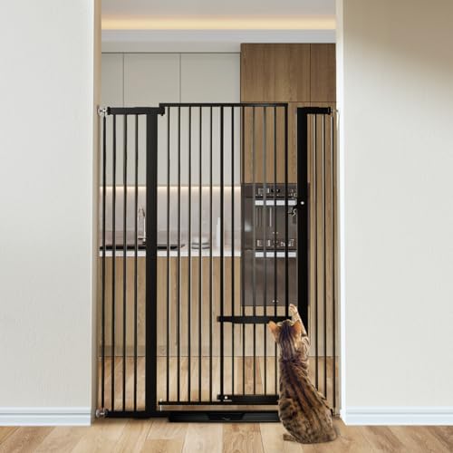 COMOMY 55.1' Extra Tall Pet Gate for Cats, 29.5-40.6' Extra Wide Cat Gate with Adjustable Cat Door, Pressure Mounted Easy Walk Through Pet Gate with Door for Stairs, Doorways, Kitchen(Black)