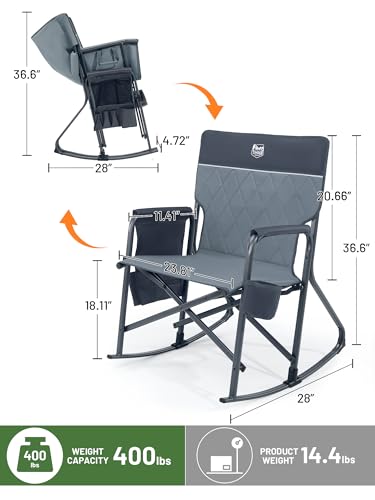 Timber Ridge Folding Oversized Rocking Camping Chair, 400lbs Capacity Portable Outdoor Rocker with Hard Armrests, Cup Holder & Side Pocket, Quick-Fold Design for Outdoor, Patio, Lawn